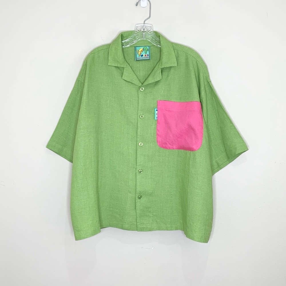 Meals Linen Work Shirt (Sz M Unisex) Half Sleeve Green Pink Pocket Colorblock